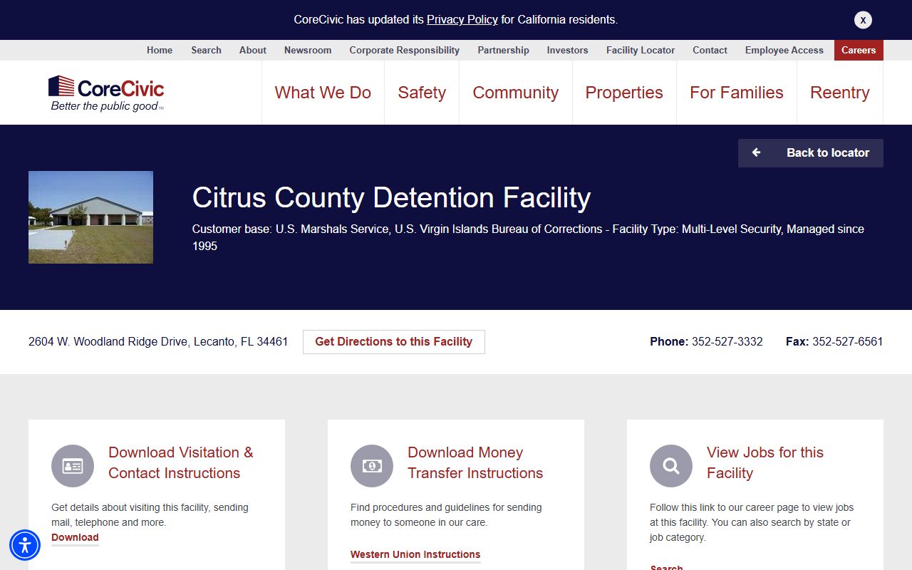 Citrus County Detention Facility CoreCivic page for inmate lookup