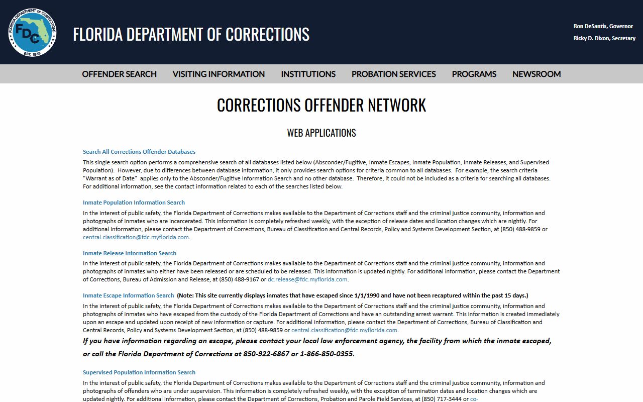 Florida Department of Corrections offender search menu for the state inmate population