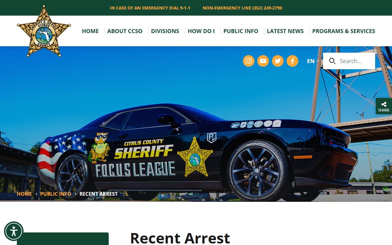 Citrus County recent arrest page used to search the inmate population
