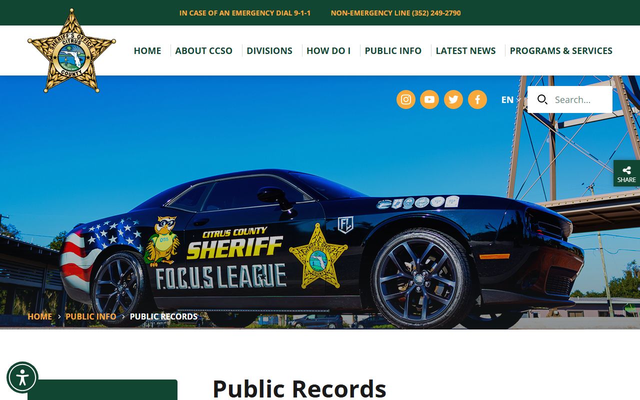 Citrus County Sheriff public records page for jail inmate records
